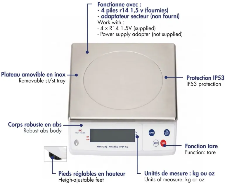 Balance électronique professionnelle Portée 12 kg précision 1 g Tellier