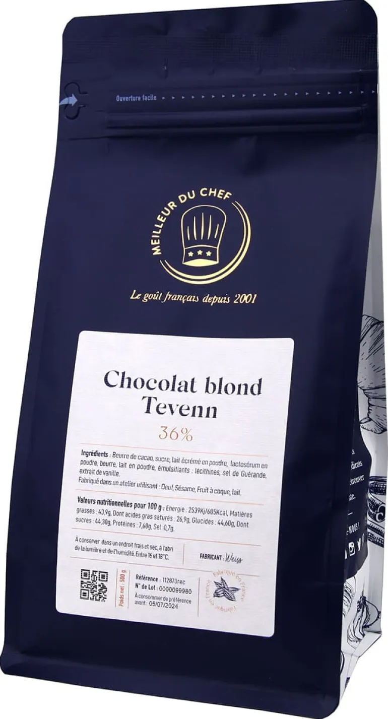 Chocolat blond Tevenn 36% cacao 500 g DDM proche Weiss